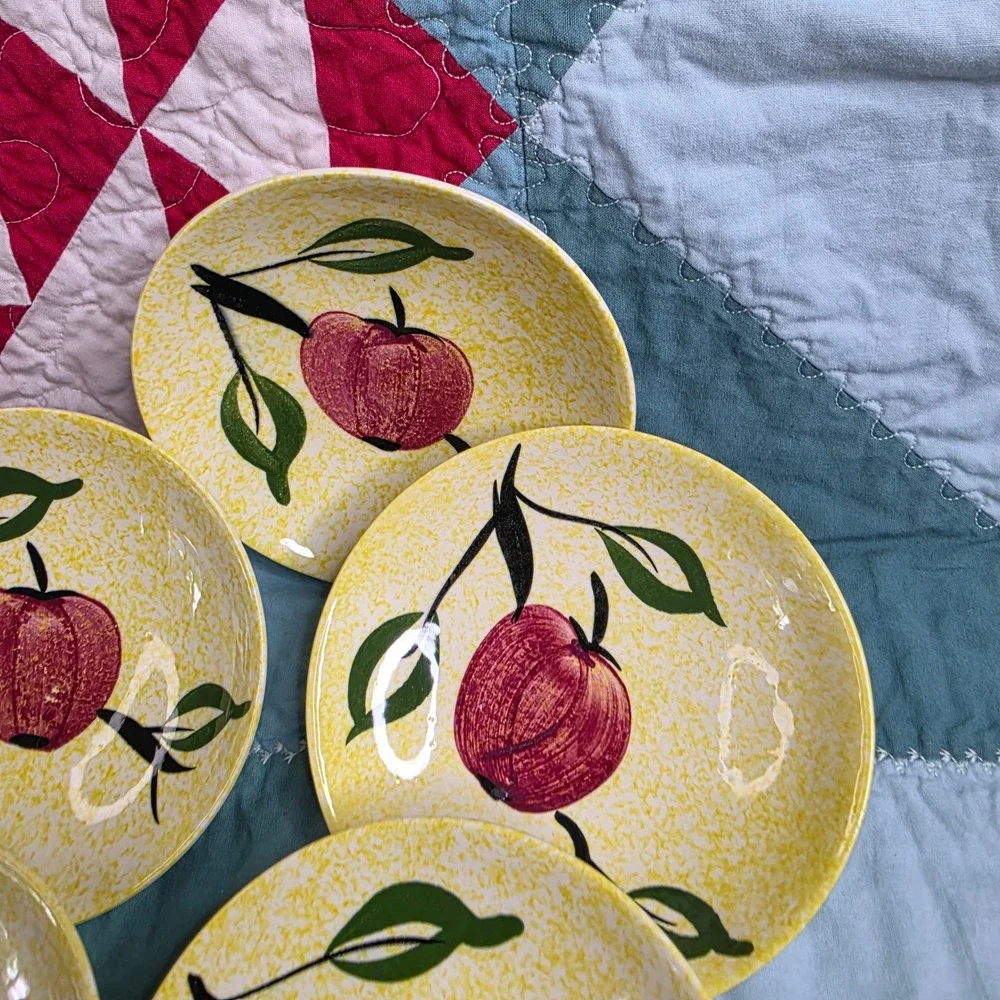 Vintage Mid Century Modern Apple Pattern Yellow Speckled Ceramic Small Plates x8